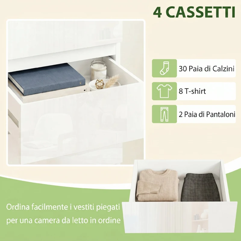HOMCOM Cassettiera 4 cassetti Salvaspazio in Legno, 40x35x74 cm, Bianco Lucido