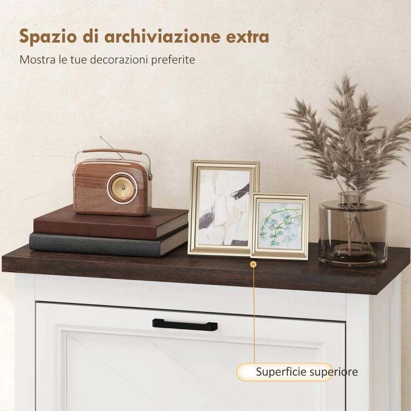 HOMCOM Scarpiera Country con 2 Cassetti Ribalta, Ripiani Regolabili, Design Bianco.
