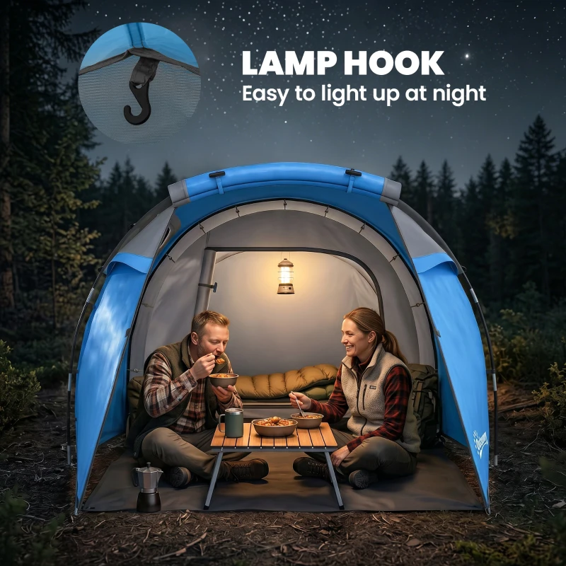 Outsunny 2 Man Tunnel Tent with Sewn-in Groundsheet, Air Vents, Rainfly, 2000mm Large Camping Tent with Bedroom, Porch, Living Area for Camping, Hiking, 426L x 206W x 154H cm, Sky Blue