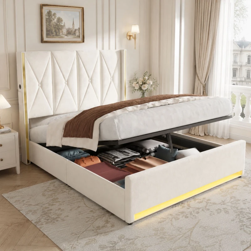 Cama de terciopelo con cabecero acolchado y capitoné, prácticos bolsillos laterales, para colchón 160L x 200AN cm, 170x213x141 cm, Beige