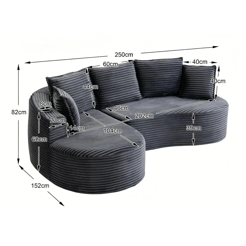 Bogesofa imbottito con portabicchieri su entrambi i lati, cuscini e tasca laterale, 250x152x82 cm, grigio scuro