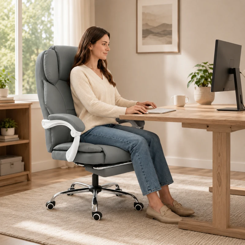 HOMCOM Cadeira de Escritório Ergonômica, Poltrona Reclinável em Couro Sintético Compatível com Animais, Altura Regulável, Cinza
