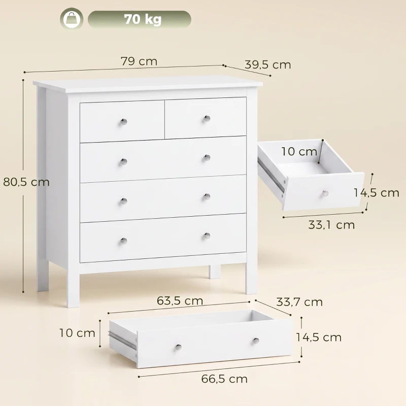 HOMCOM Kommode, Sideboard, 5 Schubladen, weiß, 79 x 39,5 x 80,5 cm