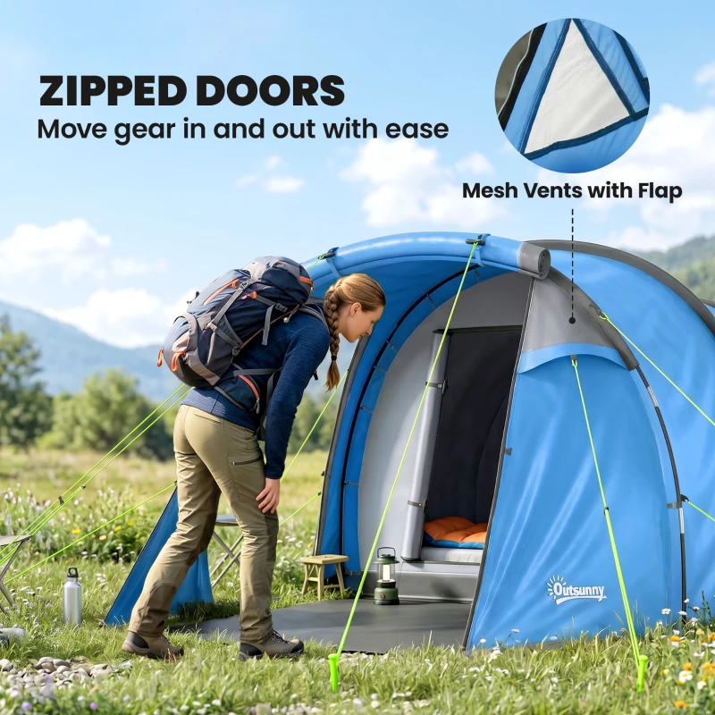 Outsunny 2 Man Tunnel Tent with Sewn-in Groundsheet, Air Vents, Rainfly, 2000mm Large Camping Tent with Bedroom, Porch, Living Area for Camping, Hiking, 426L x 206W x 154H cm, Sky Blue