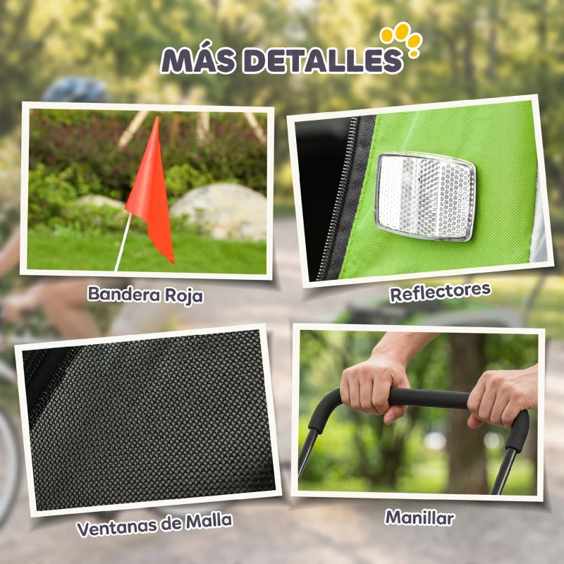 PawHut Remolque de Bicicleta para Perros 2 en 1 Carrito para Mascotas Plegable con Cinturón de Seguridad Reflectores Verde
