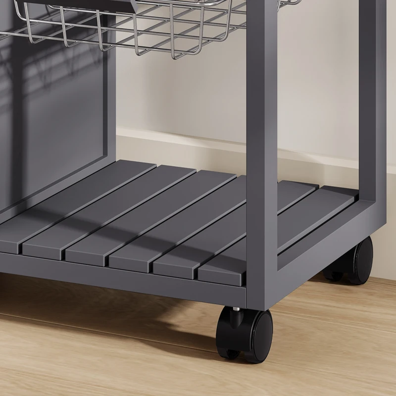 HOMCOM Bamboo Kitchen Island, Rolling Kitchen Trolley with Glass Door, 2 Metal Wire Baskets and Adjustable Shelf, Grey