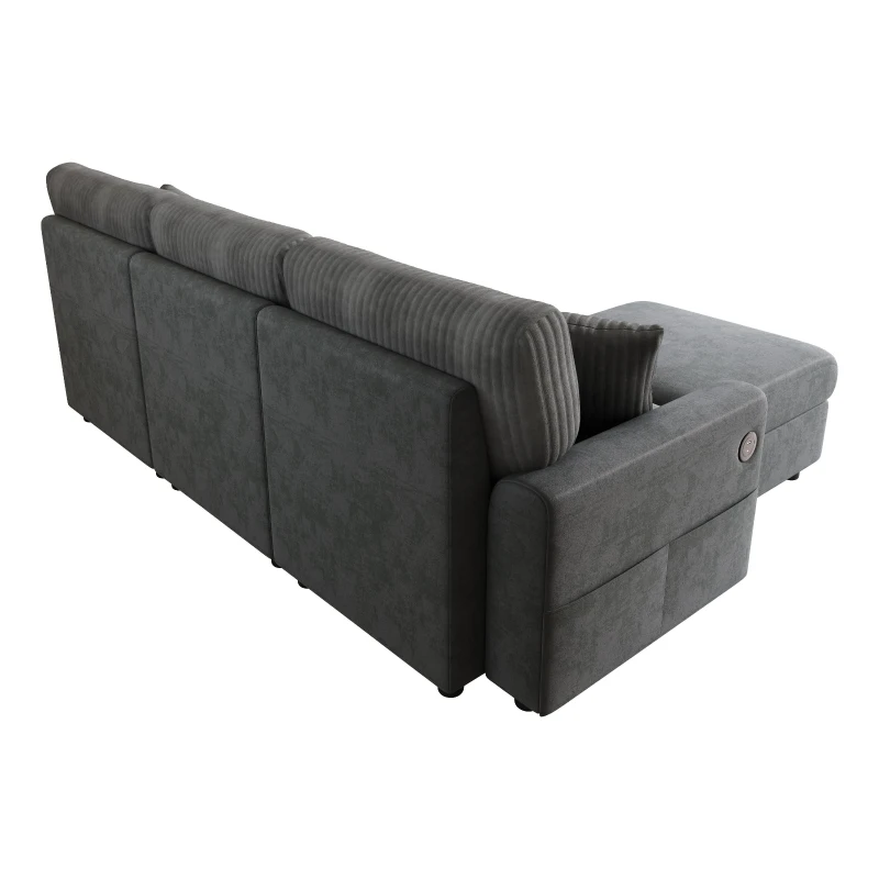 Sofá moderno com pufe, função de carregamento com duas portas, incl. 2 almofadas quadradas, almofadas de assento removíveis, 223x146x84 cm, Preto