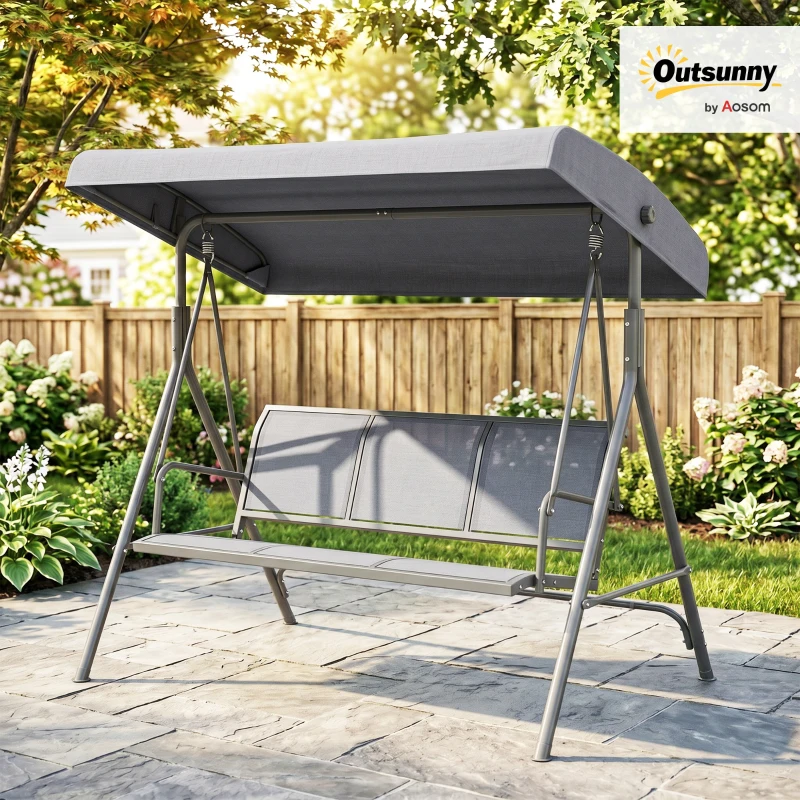 Outsunny 3 Seater Garden Swing Bench, Outdoor Swing Chair Hammock with Adjustable Canopy and Steel Frame, Grey