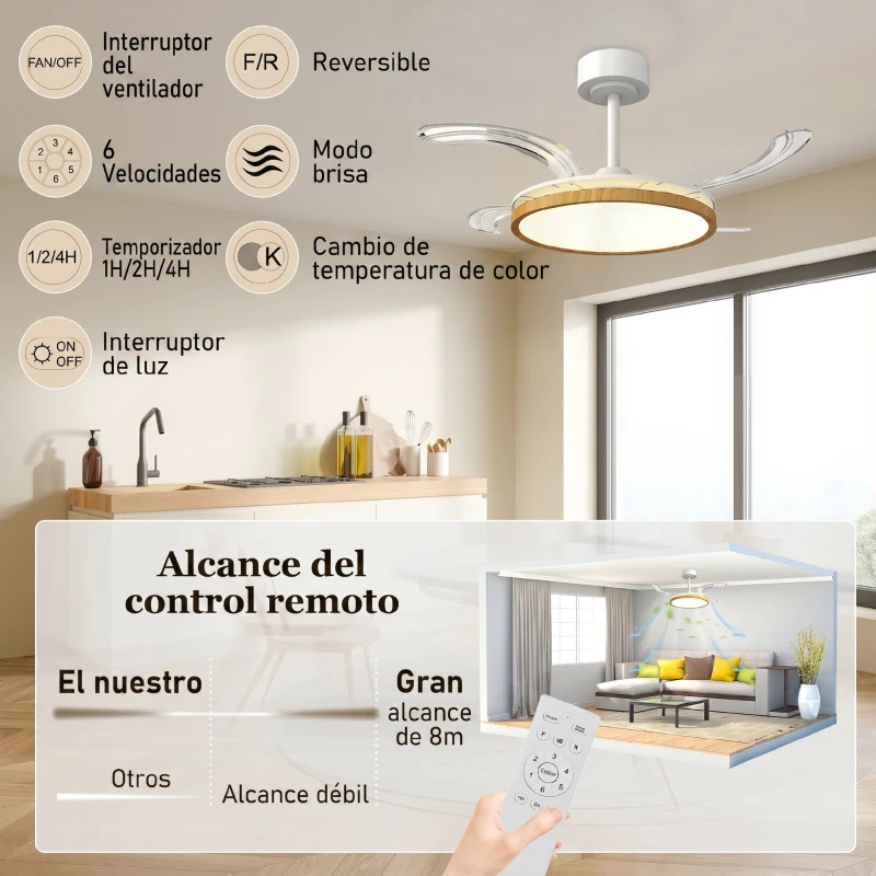 HOMCOM Ventilador de Techo con Luz LED 80 W Motor DC Reversible Mando a Distancia 6 Velocidades Temporizador Ø95 cm Natural