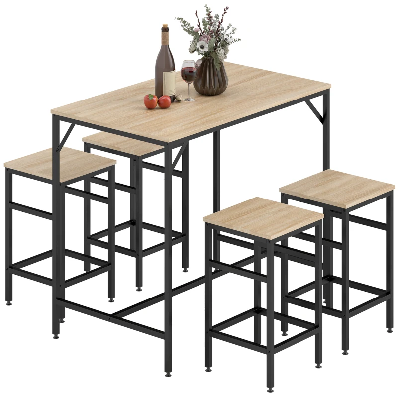 HOMCOM Set Masă de Bar cu Taburete din 5 Piese, Stil Industrial, PAL și Metal, 100 x 60 x 88 cm, Lemn Natural