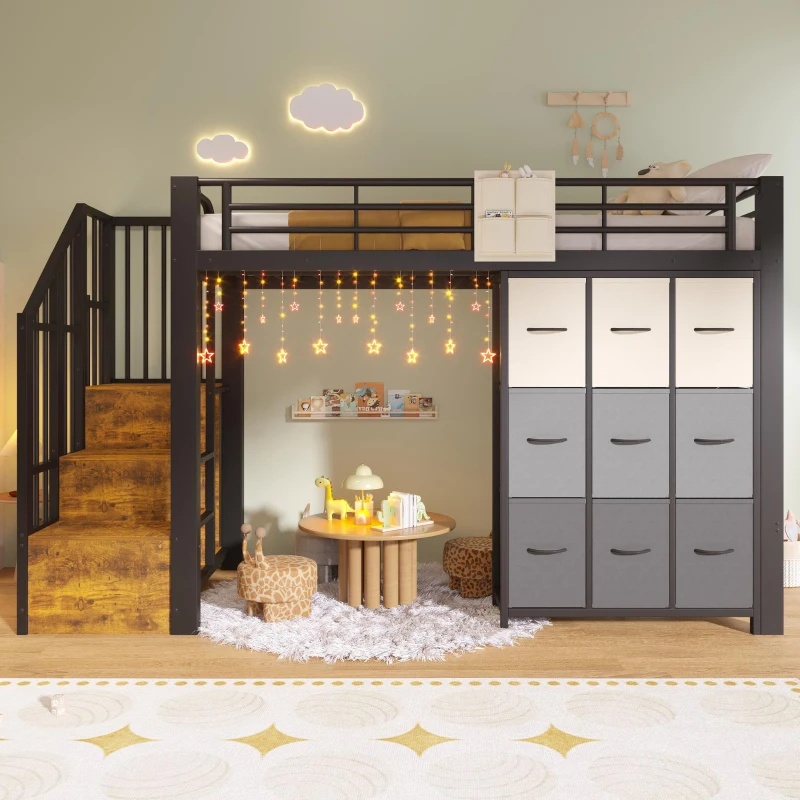 Cama alta para colchão 90×200 cm, escada com arrumação, sem colchão, 251,5x95x140 cm, Preto
