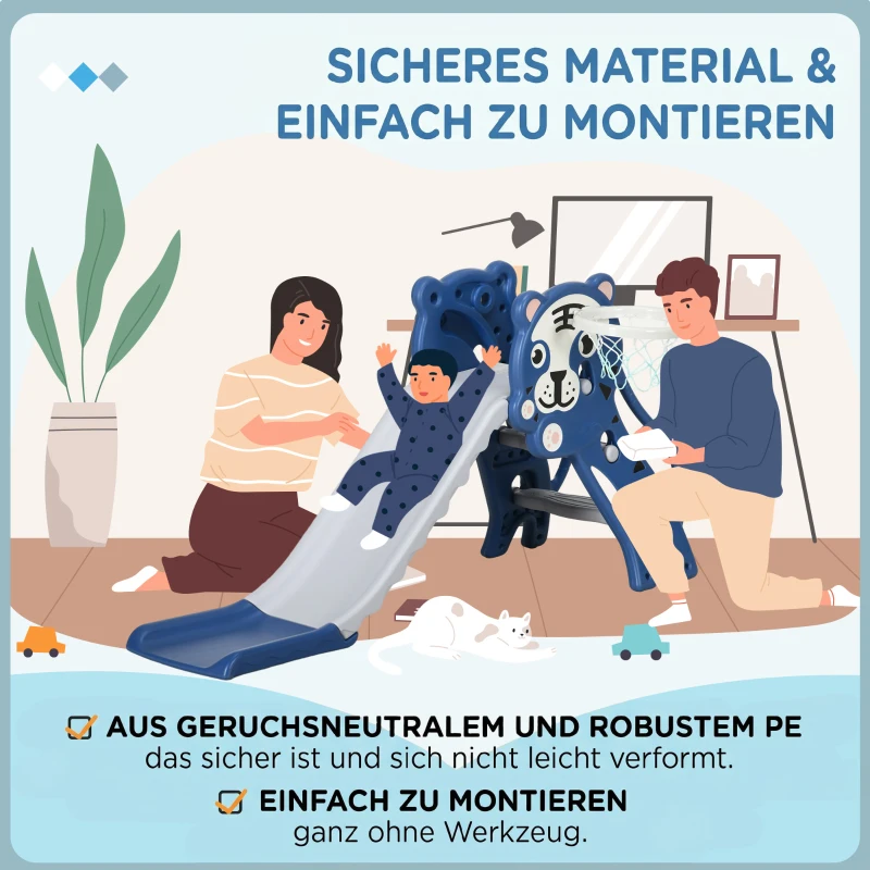 AIYAPLAY 3-in-1 kinderglijbaan met klimrek en basketbalring, cartoonontwerp voor kinderen van 18-36 maanden, blauw