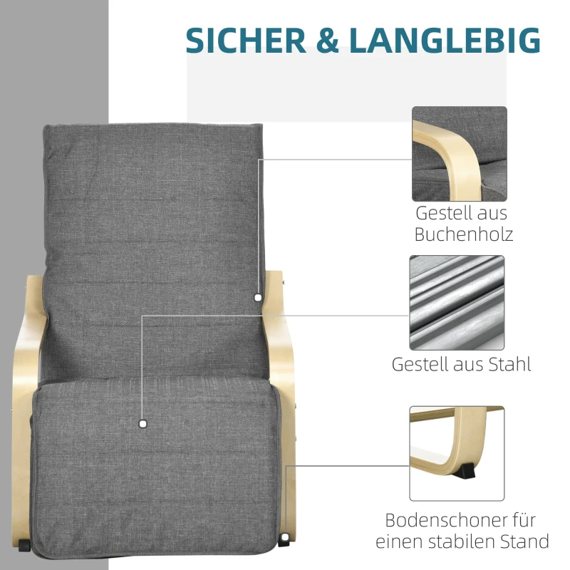 HOMCOM Accentstoel, Relaxfauteuil met Verstelbaar Voetgedeelte, Berkenhouten Frame, tot 120 kg, 66,5 x 94 x 100 cm, Grijs