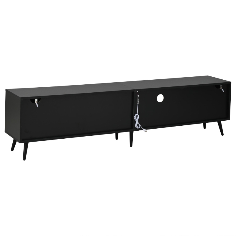 Meuble TV bas LED, convient pour 75 pouces, grand espace de rangement, 175x31x43,5 cm, Couleur naturelle+Noir