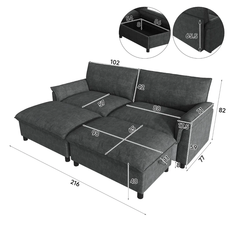 Sofá seccional modular Cloud, sofá U-/esquinero extragrande, espuma de alta elasticidad, 216x77x82 cm, Negro