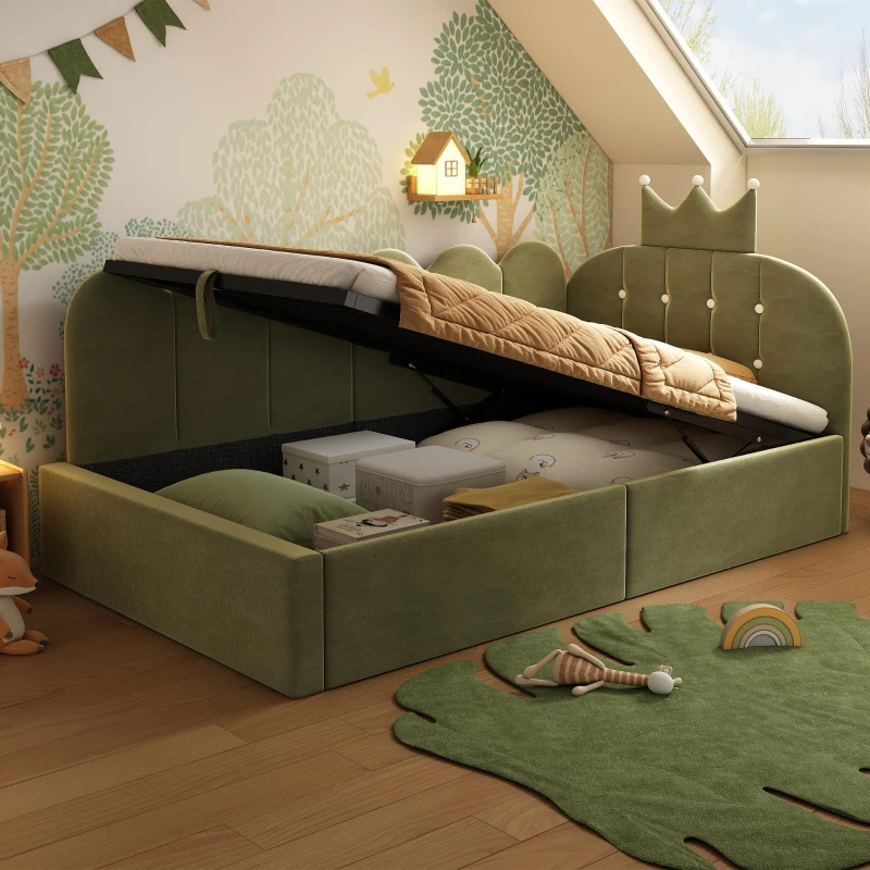 Cama de día tapizada 90x190 cm, almacenamiento hidráulico, forma en L reversible, sin colchón, 199x96x96 cm, Verde