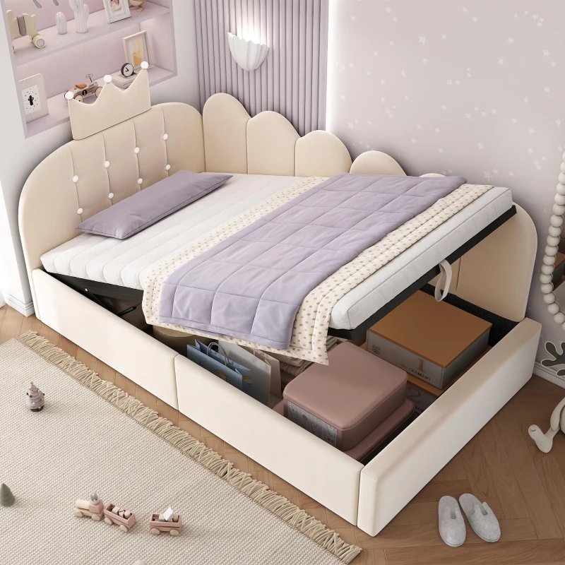 Letto singolo a L imbottito con spazio contenitore inferiore, 199x96x96 cm, Beige
