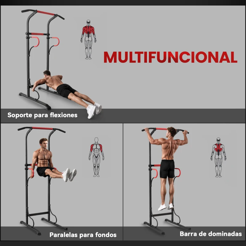 HOMCOM Barra de Dominadas Altura Regulable Estación de Fondos Resistente para Gimnasio en Casa Entrenamiento de Fuerza Negro