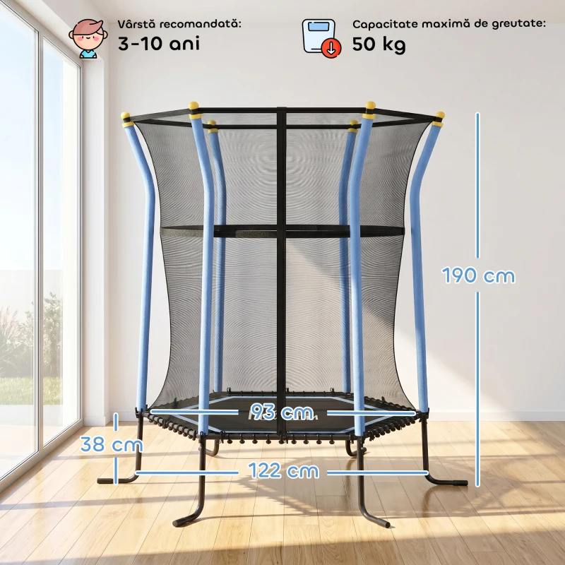 HOMCOM Trambulină pentru Copii cu Intrare cu Fermoar și Stâlpi Căptușiți, din Oțel, PP și EPE, 122L x 111A x 190Î cm, Albastru