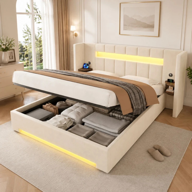 Struttura letto in velluto con striscia LED e comodini integrati, 245x212x103 cm, Beige