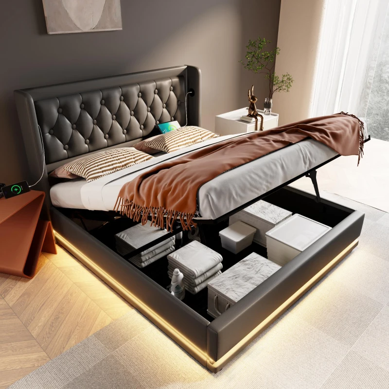 Cama estofada cama de casal 180x200 cm com arrumação hidráulica, estrutura de aço estável, revestimento em PU fácil de limpar, sem colchão, 210x190x101 cm, Preto