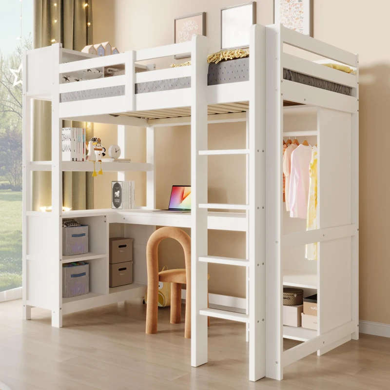 Cama alta 90x200 cm, grade de segurança para crianças a partir dos 6 anos, sem colchão, 232,5x100x189,5 cm, Branco