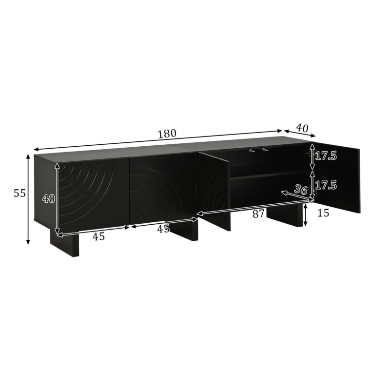 Mobile TV basso e moderno, adatto per TV fino a 75 pollici, 180x40x55 cm, Nero