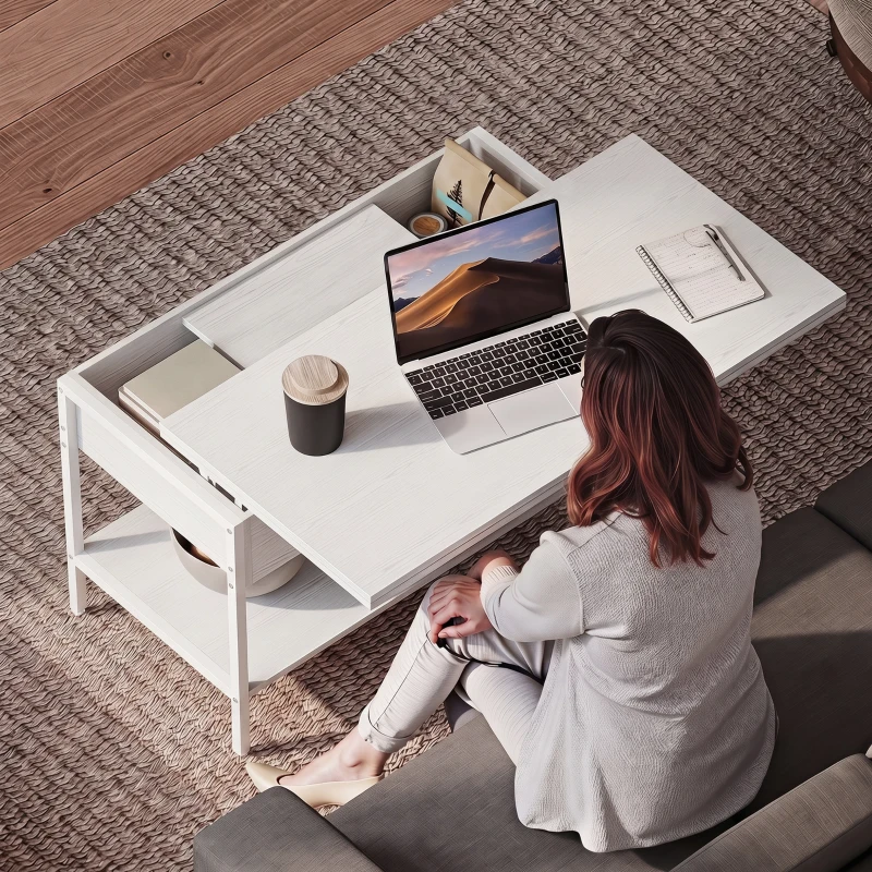 HOMCOM Mesa de Centro Elevable y Extensible con Compartimento Oculto y Estantes Abiertos 98x49x55 cm Blanco