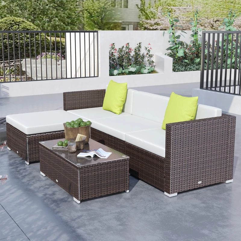 Outsunny 5pcs Rattan L-Shaped Corner Couch Sofas with Coffee Table Adjustable Feet Water-resistant Polyester Cloth Brown