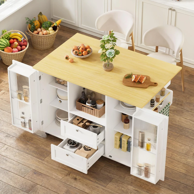 Isla de cocina sobre ruedas con encimera abatible, protección antivuelco y ruedas con bloqueo 360°, 120x70x92 cm, Blanco
