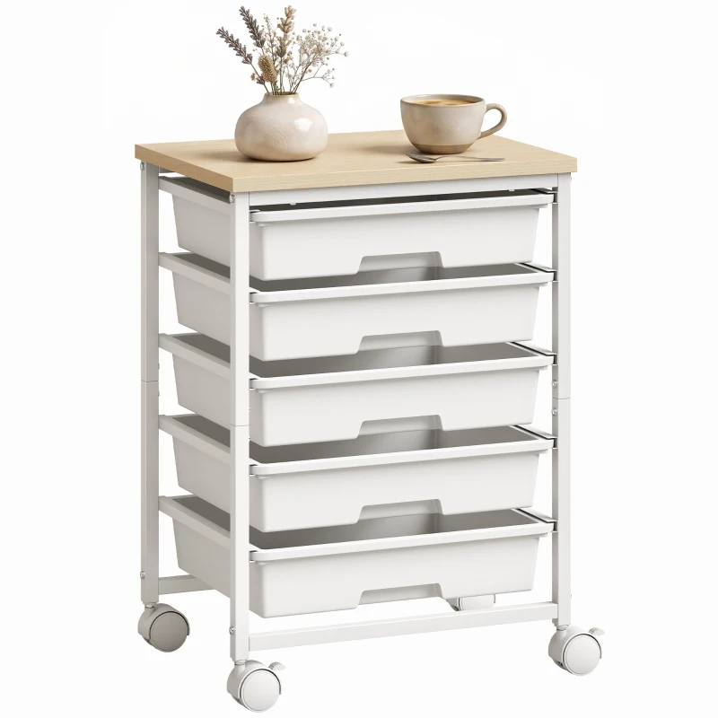 HOMCOM 6-Tier Storage Trolley on Wheels, Metal Kitchen Rolling Cart with 5 Pull-Out Drawers, White
