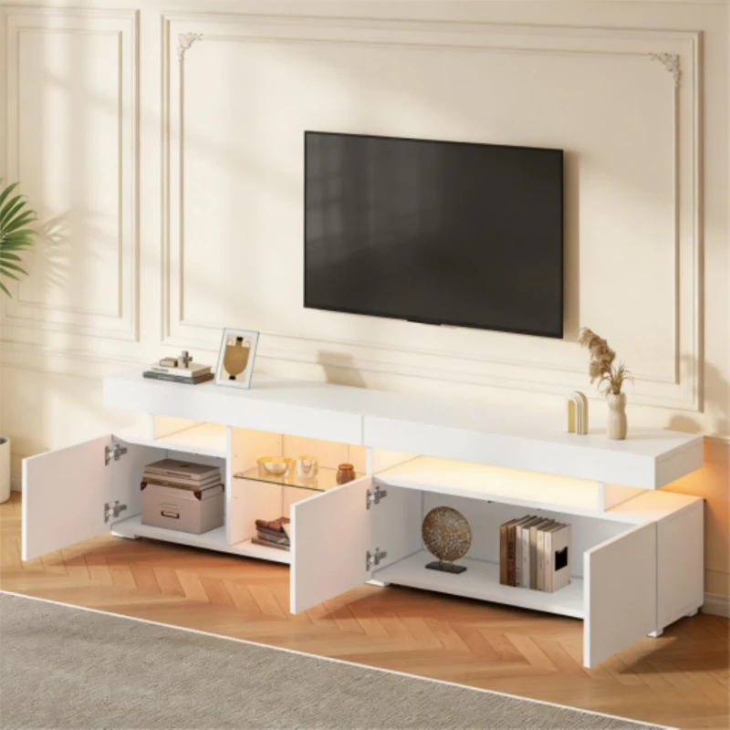Mobile TV basso e moderno a LED, adatto per TV fino a 80 pollici, 180x35x45 cm, Bianco