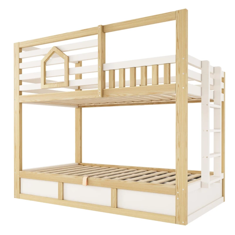 Cama beliche infantil estilo cabana, 2 lugares de dormir de 90×200 cm cada, sem colchão, 210x102x184 cm, Cor natural