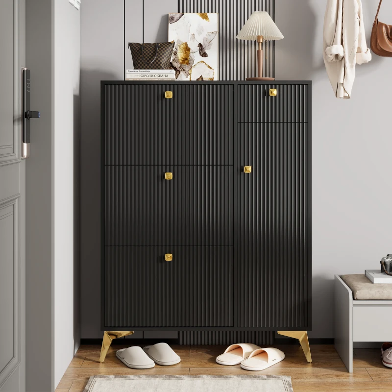 Armadio scarpiera con 3 ante a ribalta salvaspazio dal design moderno, 90x25x121 cm, Nero