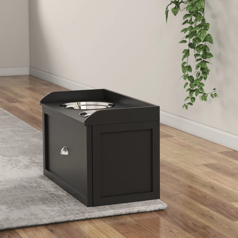 PawHut Gamelle Double Chien Chat - Porte-Gamelles Surélevé Rangement 2 en 1 - Tiroir, 2 Gamelles - Acier Inox MDF Noir