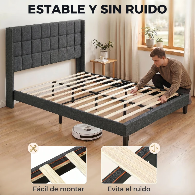 HOMCOM Cama 135x190 cm con Almacenaje Inferior Tapizada y Cabecero Acolchado con Orejas Gris