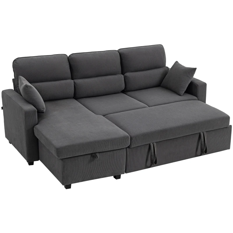 HOMCOM Verstellbares Bettsofa, L-förmiges Gästesofa mit Bettfunktion, Stauraum, Kissen, für Wohnzimmer, Gästezimmer, Dunkelgrau