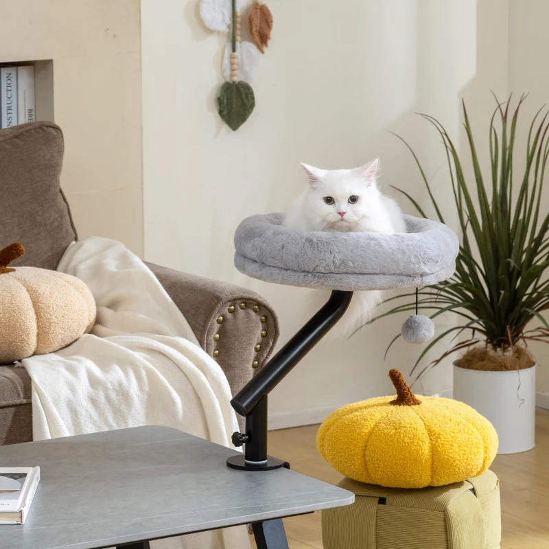 PawHut Lit de Bureau pour Chat Rotation de 360° et Hauteur Réglable, Lit pour Chat Lavable avec Balle Jouet,  35x35x48cm, Gris