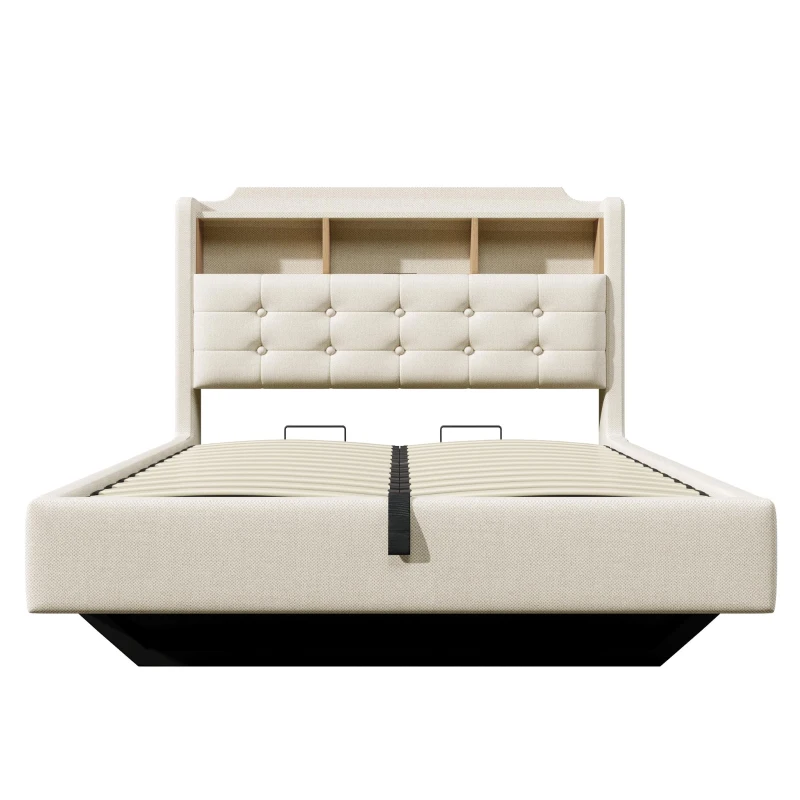 Letto imbottito contenitore con striscia LED luminosa e deisgn sospeso, 217x141x110 cm, Beige