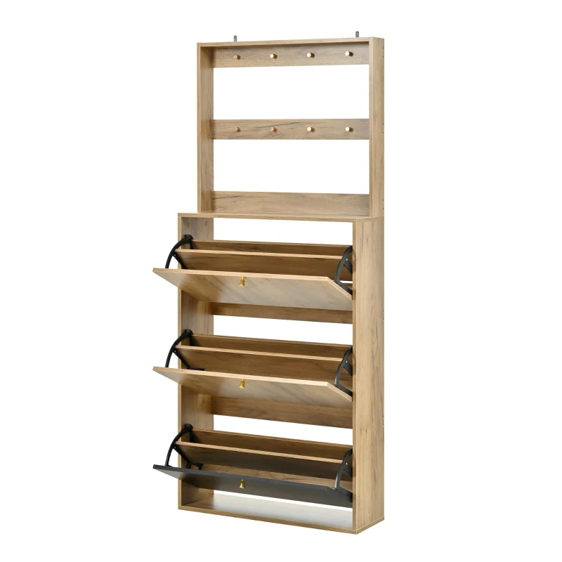 Móvel para sapatos moderno com ganchos, divisórias ajustáveis em altura, construção anti-tombamento, 75x24x180 cm, Cor natural