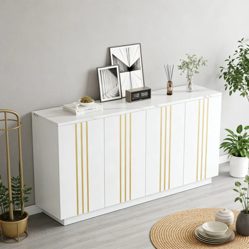 Aparador para sala de estar com 4 portas, elegantes frisos dourados, independente, 35x140x70 cm, Branco