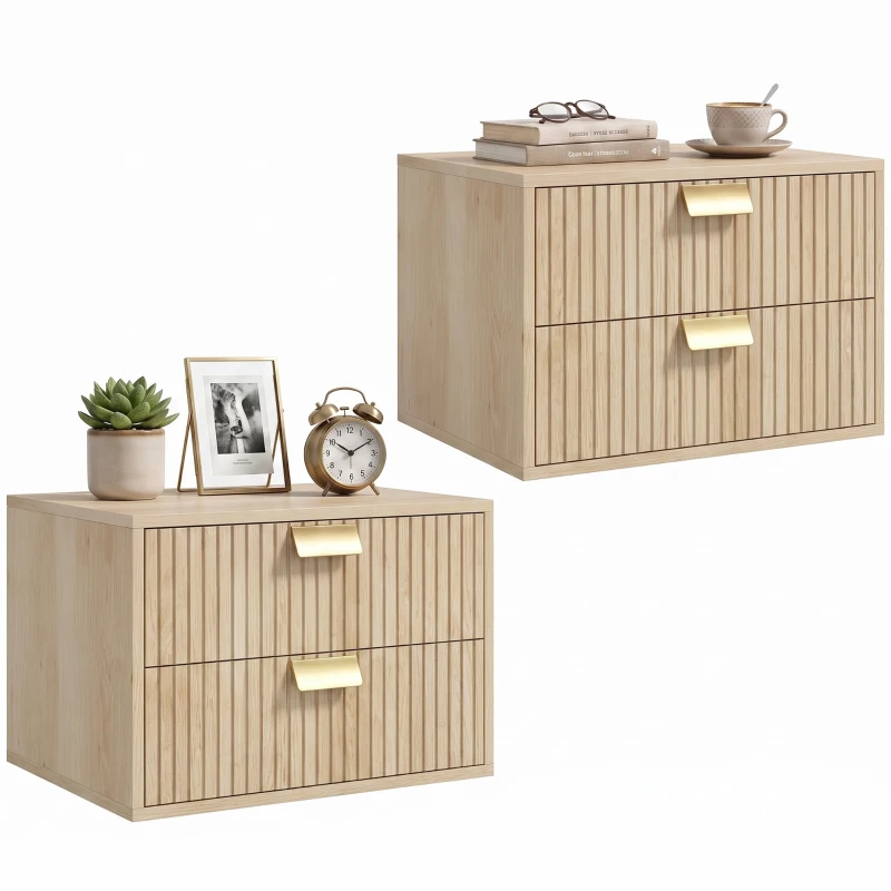 HOMCOM Modern Floating Nightstands Set of 2, Wall Mounted Bedside Tables with 2 Drawers, Oak