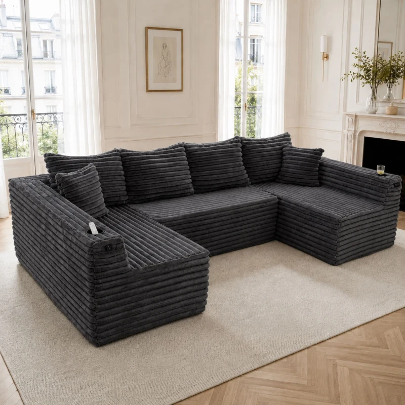 Divano a U in velluto a coste con portabicchieri integrato e tasca laterale, imbottitura a molle, 320x155x88 cm, Grigio scuro