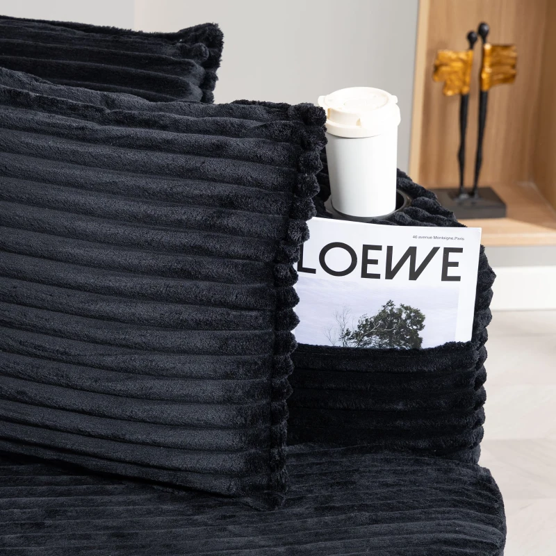 Bogesofa em veludo cotelê, com porta-copos em ambos os lados e bolso lateral, inclui almofadas, 250x152x82 cm, Preto