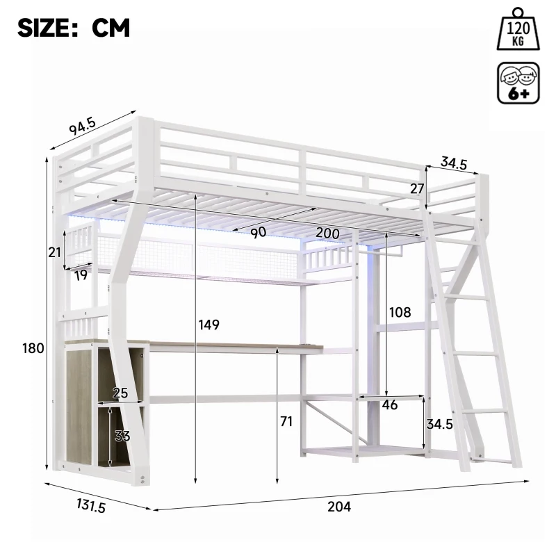 Cama alta para colchão 90×200 cm, com arrumação e espaço aberto por baixo da cama, sem colchão, 204x131,5x180 cm, Branco