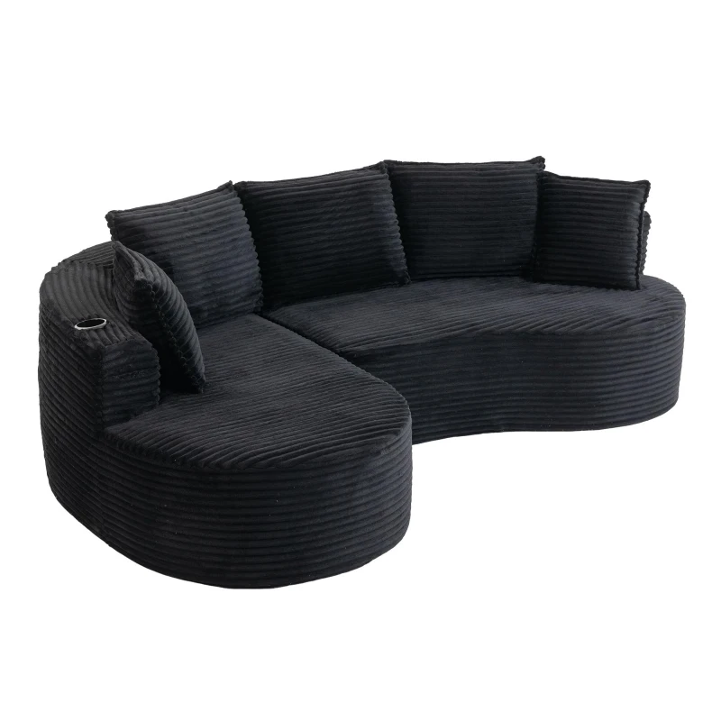 Bogesofa imbottito con portabicchieri su entrambi i lati, cuscini e tasca laterale, 250x152x82 cm, Nero