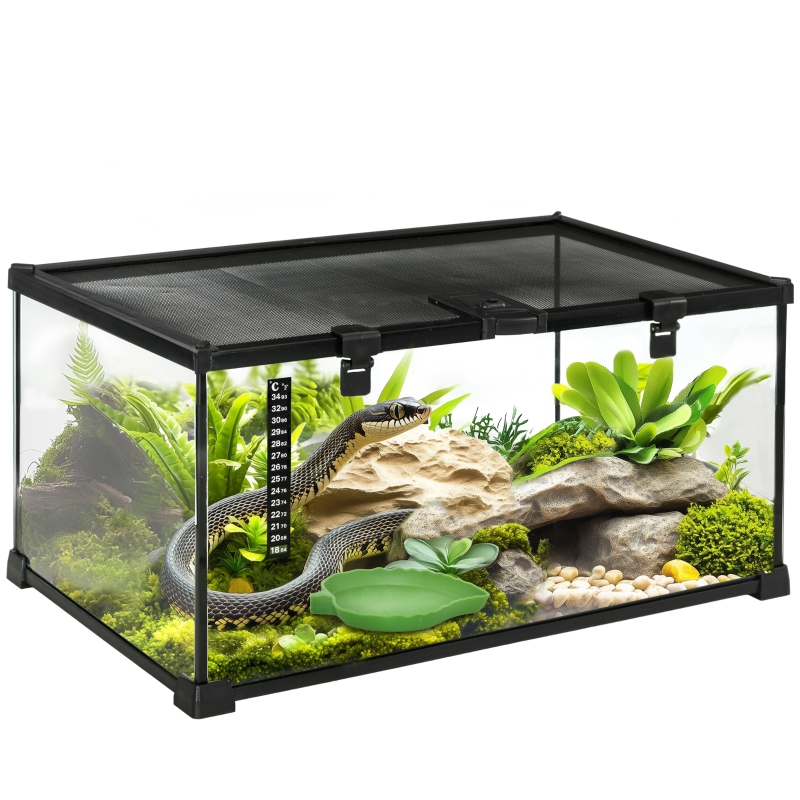 PawHut Reptielenbox Terrarium, inclusief streepjesthermometer, voederluiken, 50 cm x 30 cm x 25 cm, glas + metaal, zwart
