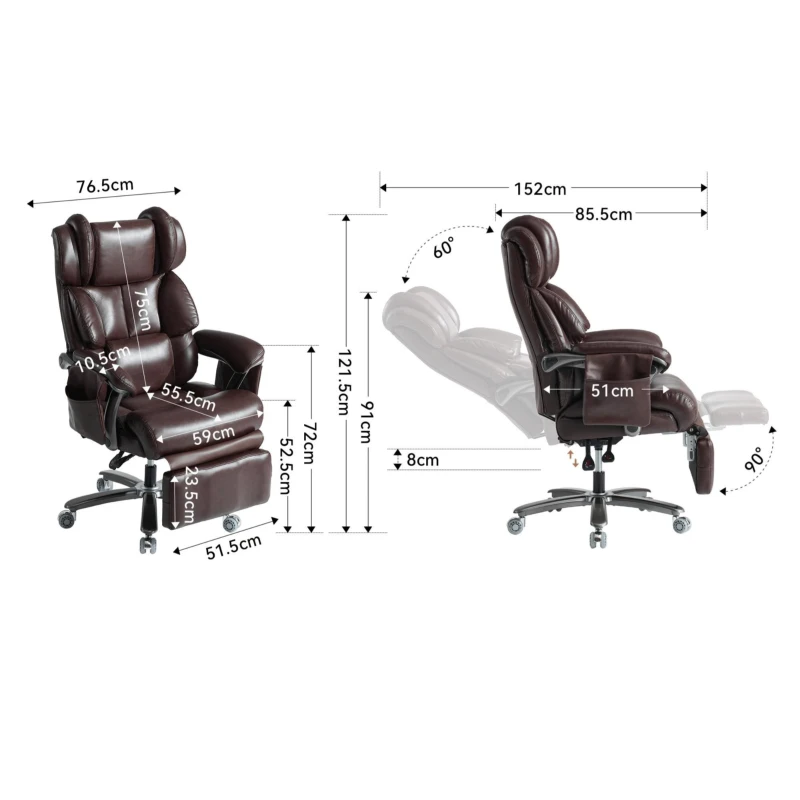 XXL Silla de oficina ergonómica, función de masaje y calefacción, reposapiés extensible y respaldo ajustable, 85,5x76,5x121,5 cm, Marrón