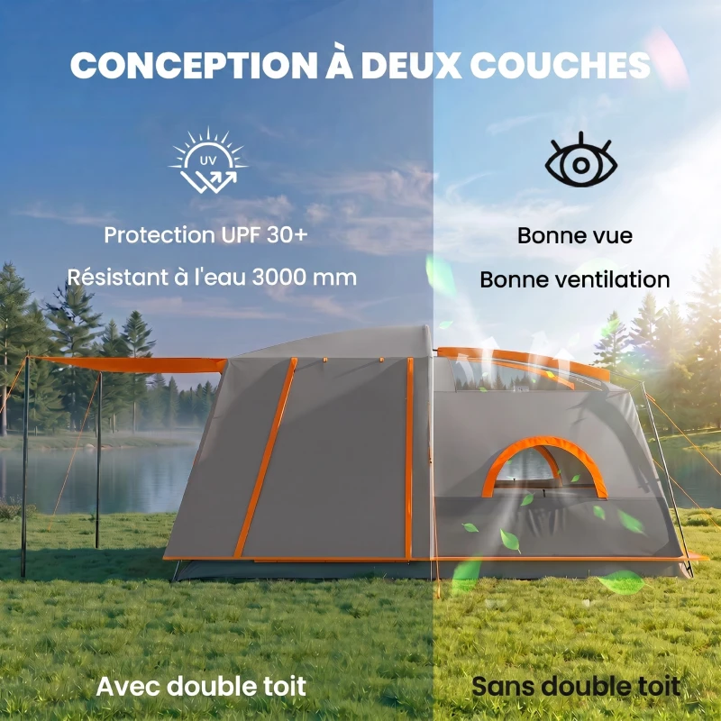 Outsunny Tenda da Campeggio per 4 Persone con 2 Stanze e Veranda, Impermeabile e UPF 30+, Borsa di Trasporto, Grigio
