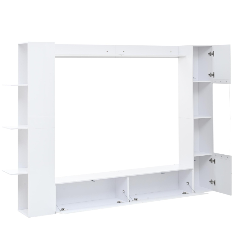 Mobile TV 4 pezzi con vetrina e ripiani aperti pe salotto, 228x30x170 cm, Bianco